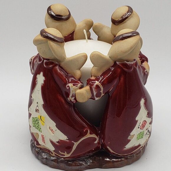 4 Christmas Tree Angels Holding Hands in Circle Stoneware Votive Candle Holder - Picture 8 of 13